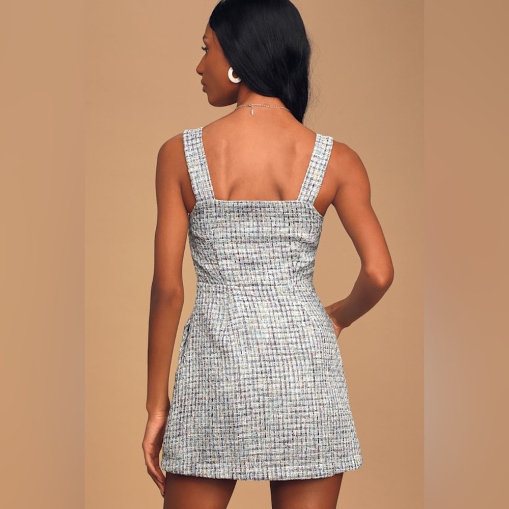Lulus - Life's a Prize Blue Multi Tweed Button-Front Mini Dress - Picture 2 of 4